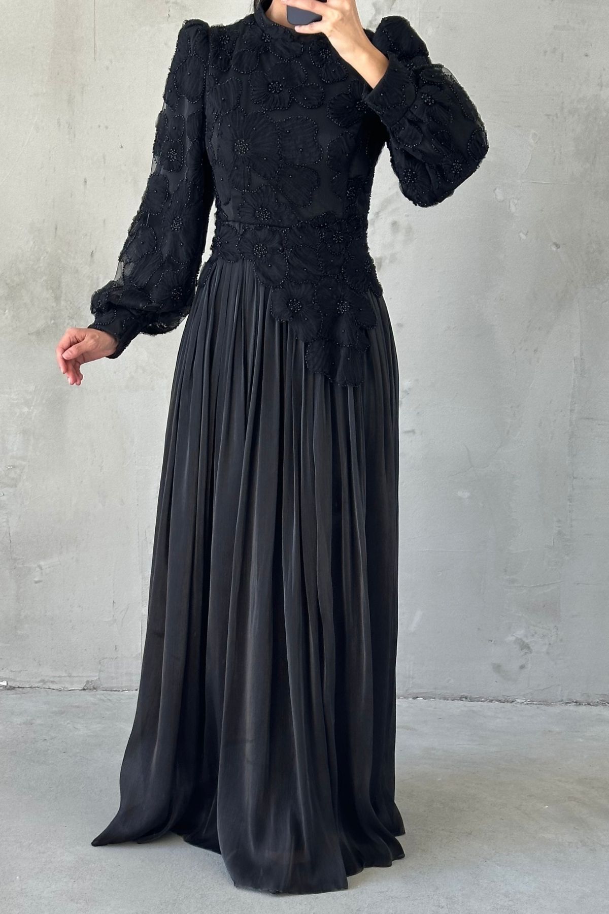 Floral Embroidered Janjan Hijab Evening Dress Black
