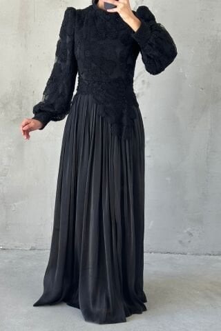 Floral Embroidered Janjan Hijab Evening Dress Black