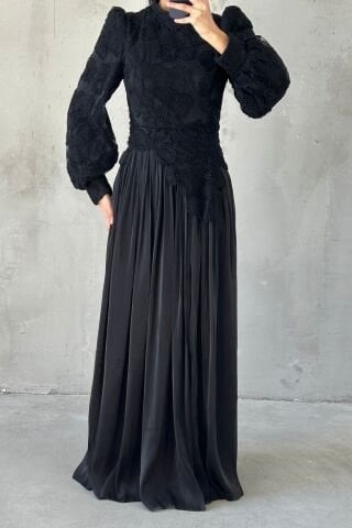 Floral Embroidered Janjan Hijab Evening Dress Black