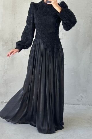 Floral Embroidered Janjan Hijab Evening Dress Black