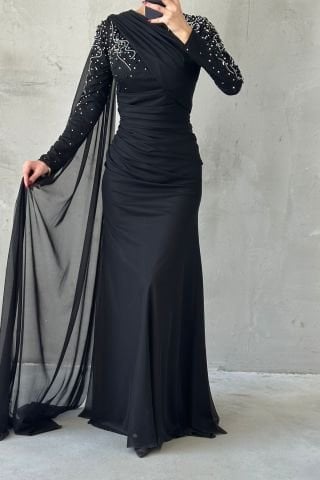 Elegant Draped Stone Detailed Hijab Evening Dress Black