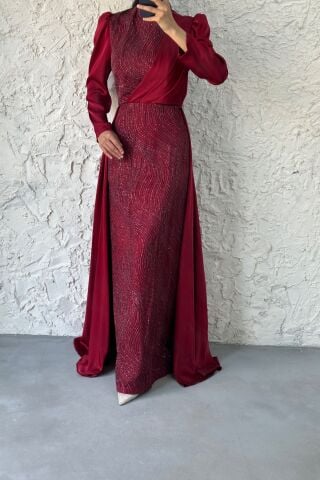 Simli Pelerin Detaylı Saten Tesettür Abiye Bordo