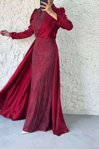 Simli Pelerin Detaylı Saten Tesettür Abiye Bordo