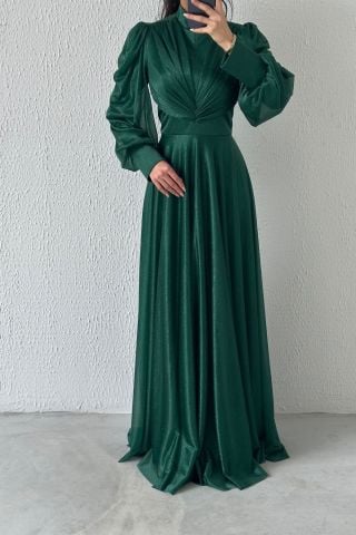 Drape Detaylı Simli Tesettür Abiye Yeşil