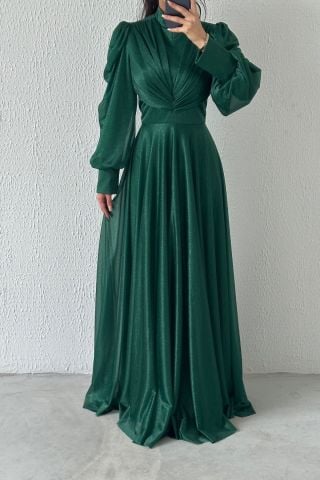Drape Detailed Glittered Hijab Evening Dress Green
