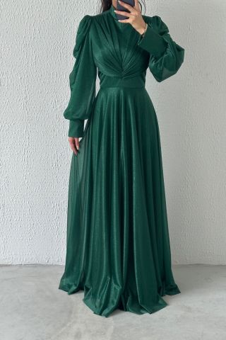 Drape Detaylı Simli Tesettür Abiye Yeşil