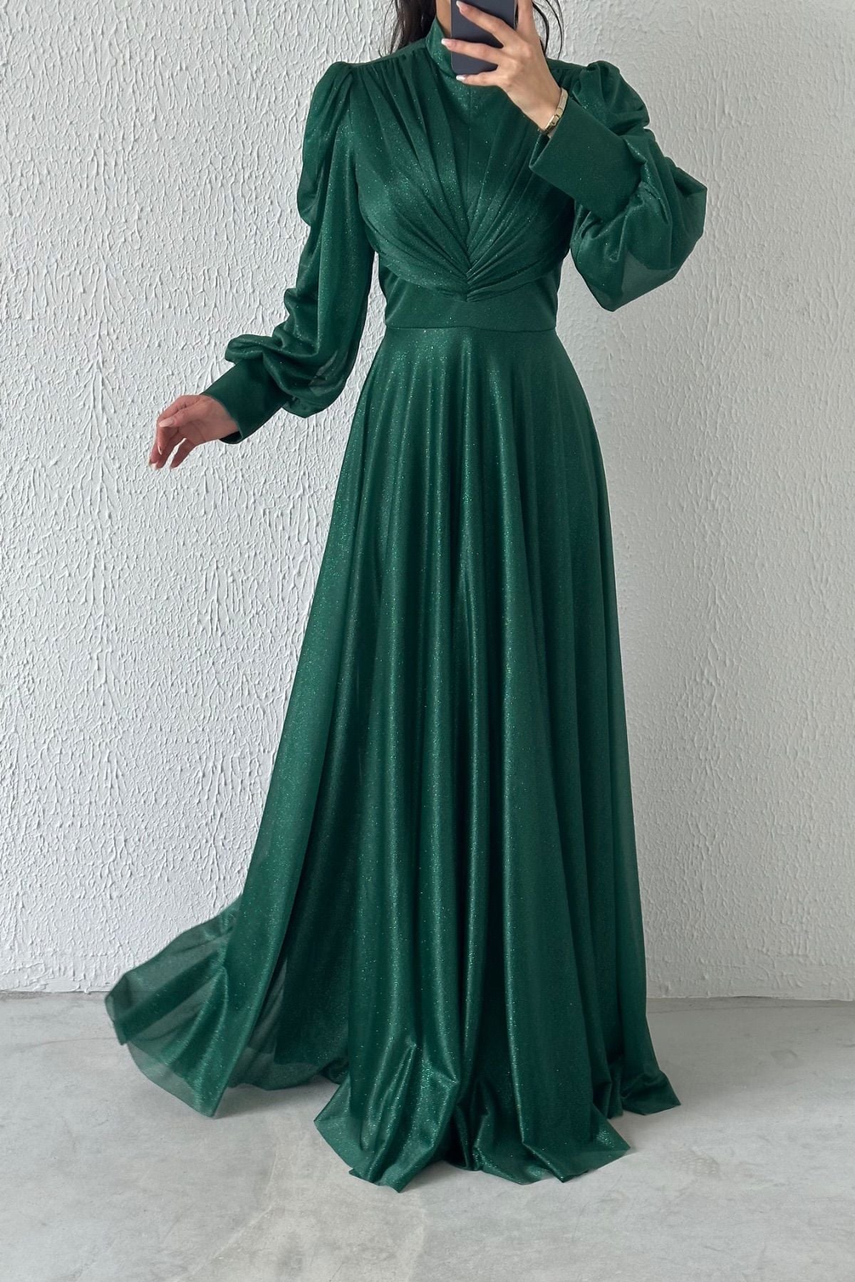 Drape Detaylı Simli Tesettür Abiye Yeşil