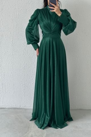 Drape Detaylı Simli Tesettür Abiye Yeşil