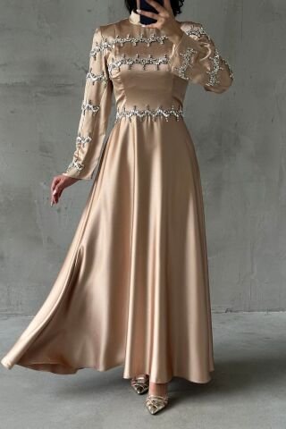Strip Stone Embroidered Satin Hijab Evening Dress Stone