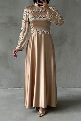 Strip Stone Embroidered Satin Hijab Evening Dress Stone