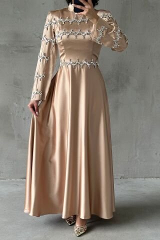 Strip Stone Embroidered Satin Hijab Evening Dress Stone