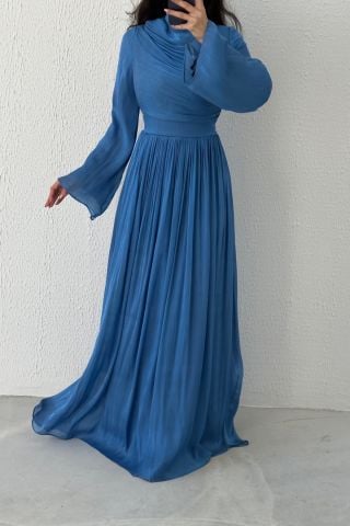 Indigo, Thin Pleated Skirt, Flounce Sleeve Hijab Evening Dress