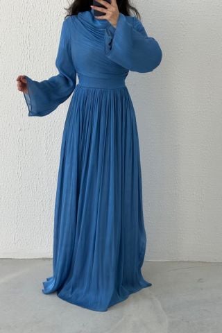 Indigo, Thin Pleated Skirt, Flounce Sleeve Hijab Evening Dress