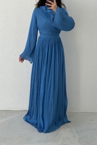 Indigo, Thin Pleated Skirt, Flounce Sleeve Hijab Evening Dress