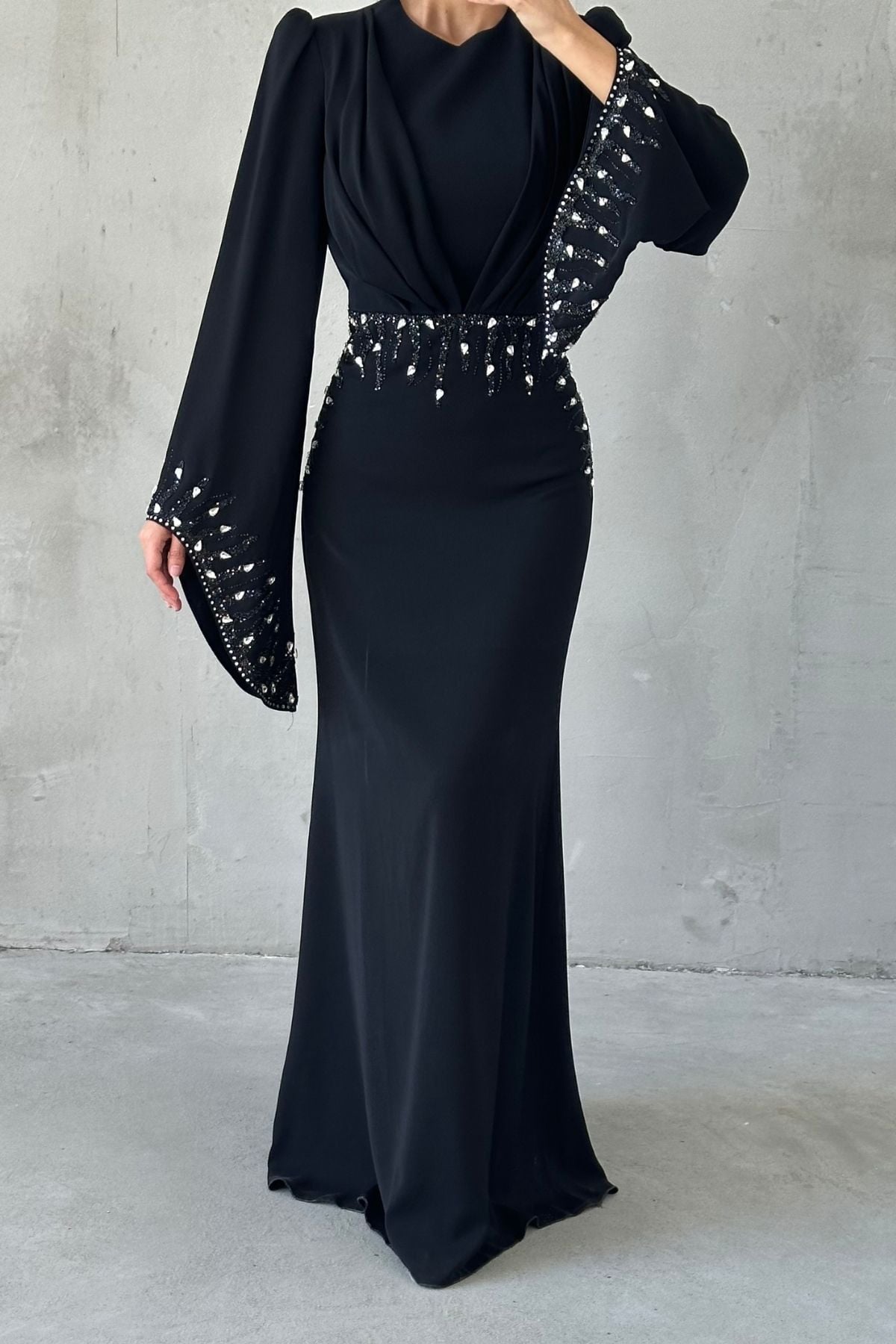 Adriyana Hijab Evening Dress with Sparkle Details, Black