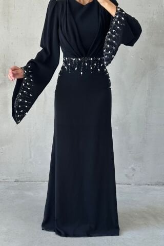 Adriyana Hijab Evening Dress with Sparkle Details, Black