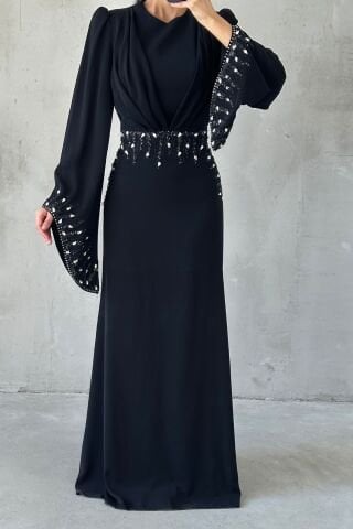 Adriyana Hijab Evening Dress with Sparkle Details, Black