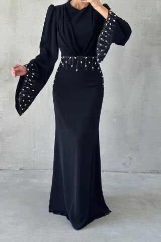 Adriyana Hijab Evening Dress with Sparkle Details, Black