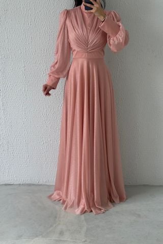 Drape Detaylı Simli Tesettür Abiye Pudra