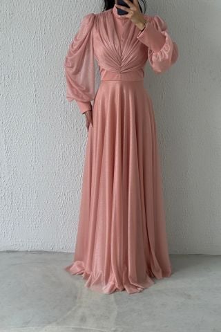 Drape Detaylı Simli Tesettür Abiye Pudra