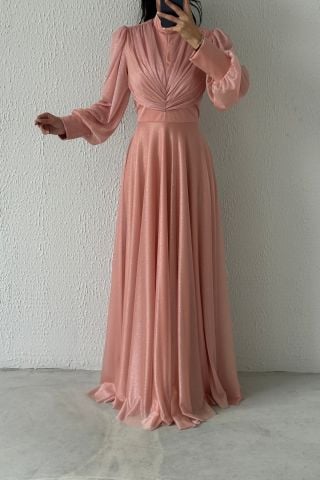 Drape Detaylı Simli Tesettür Abiye Pudra