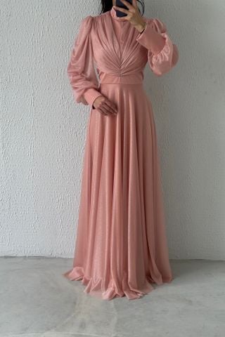 Drape Detaylı Simli Tesettür Abiye Pudra