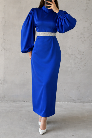 Satin Elegance Hijab Evening Dress with Stone Belt in Royal Blue