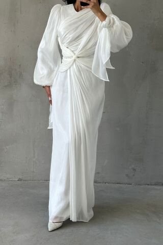 Elegant Design Drape Detailed Modest Evening Dress Ecru