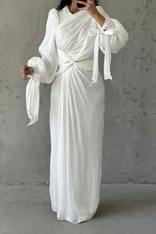 Elegant Design Drape Detailed Modest Evening Dress Ecru
