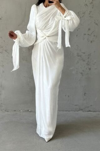 Elegant Design Drape Detailed Modest Evening Dress Ecru