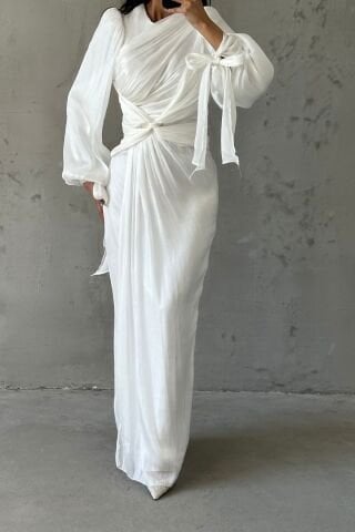 Elegant Design Drape Detailed Modest Evening Dress Ecru