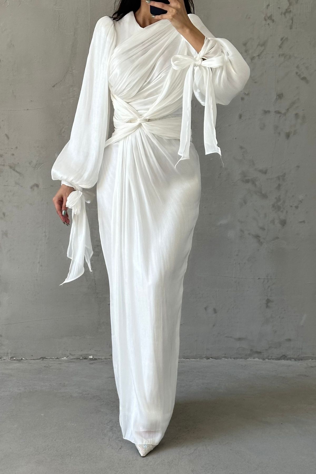 Elegant Design Drape Detailed Modest Evening Dress Ecru