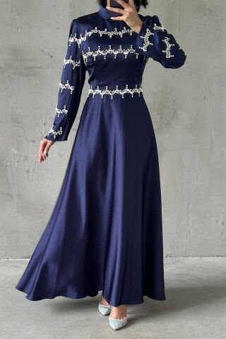 Strip Stone Embroidered Satin Hijab Evening Dress Navy Blue