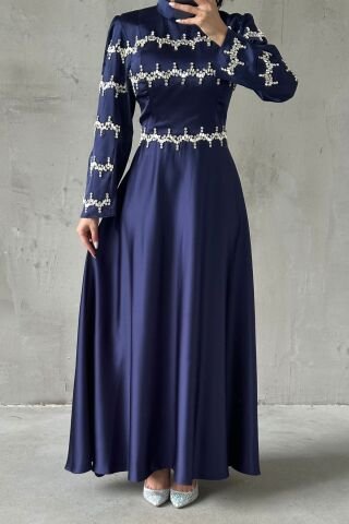 Strip Stone Embroidered Satin Hijab Evening Dress Navy Blue