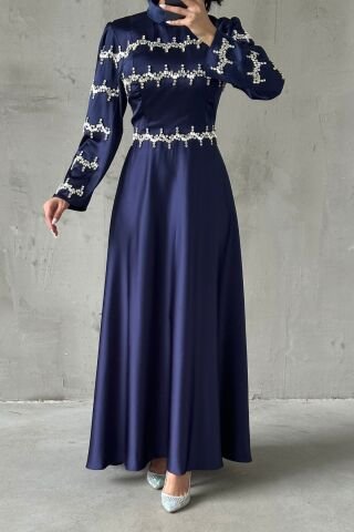 Strip Stone Embroidered Satin Hijab Evening Dress Navy Blue