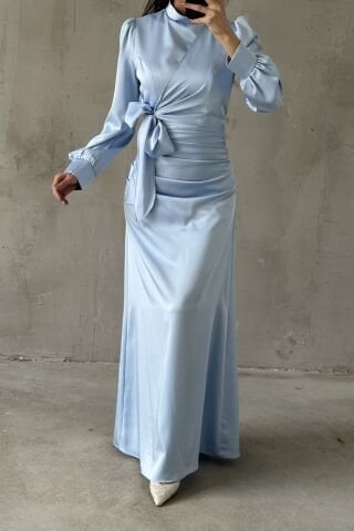 Büzgü Ve Düğüm Detaylı Saten Tesettür Abiye Bebe Mavisi