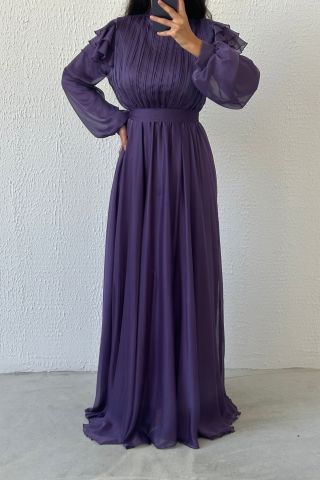 Elegant Shoulder Detailed Janjan Chiffon Hijab Evening Dress Purple