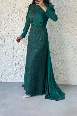 Glitter Cape Detailed Satin Hijab Evening Dress Emerald Green