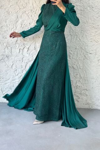 Glitter Cape Detailed Satin Hijab Evening Dress Emerald Green