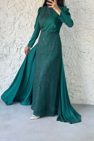 Glitter Cape Detailed Satin Hijab Evening Dress Emerald Green