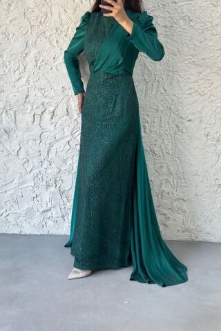 Glitter Cape Detailed Satin Hijab Evening Dress Emerald Green