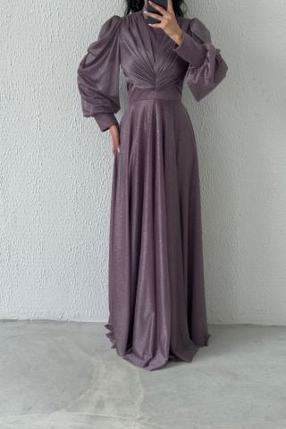 Drape Detailed Glittered Hijab Evening Dress Lilac