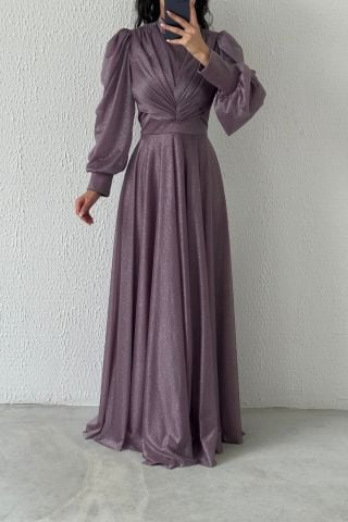 Drape Detailed Glittered Hijab Evening Dress Lilac