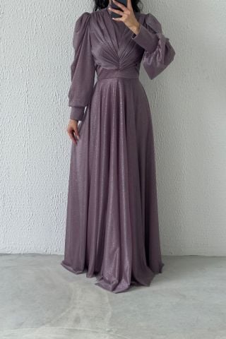Drape Detailed Glittered Hijab Evening Dress Lilac