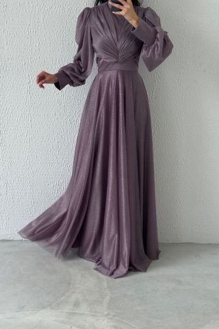 Drape Detailed Glittered Hijab Evening Dress Lilac