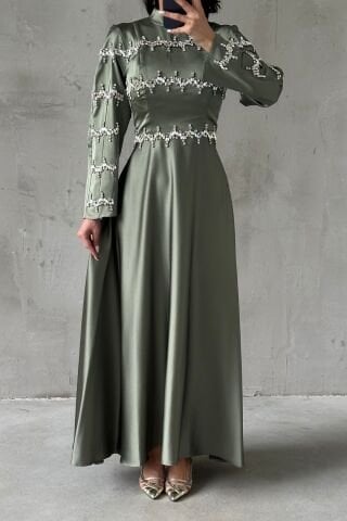 Şerit Taş İşlemeli Saten Tesettür Abiye Mint Yeşili