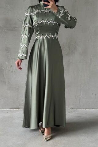 Strip Stone Embroidered Satin Hijab Evening Dress Mint Green
