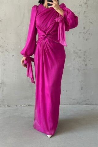 Elegant Design Drape Detailed Modest Evening Dress Fuchsia