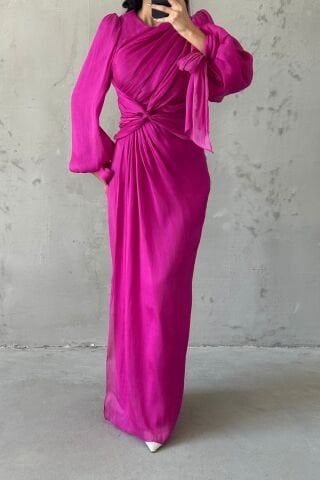 Elegant Design Drape Detailed Modest Evening Dress Fuchsia