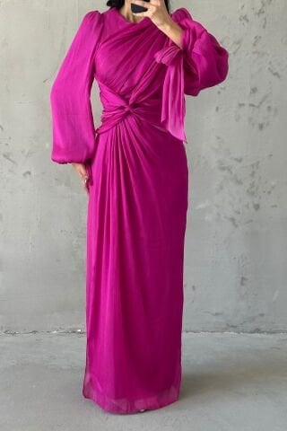 Zarif Tasarım Drape Detaylı Tesettür Abiye Fuşya